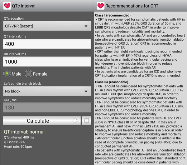 CardioExpert smartphone app: indications for pacing, corrected QT interval calculator